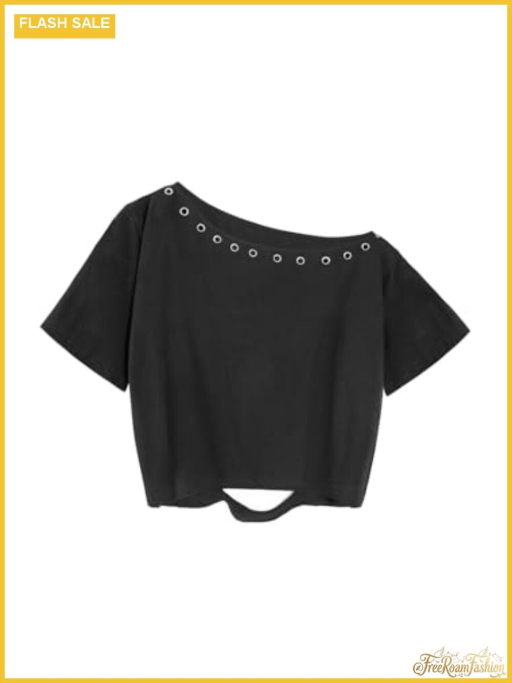 Women's Off Shoulder Crop Top Ripped Short Sleeve Grommet Shirt